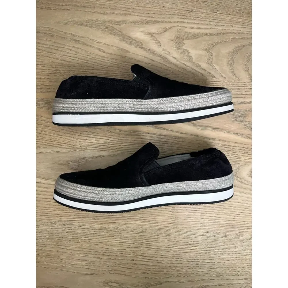PRADA Saint Tropez Espadrille Slip On Platform Sneakers Black Suede Size 7.5